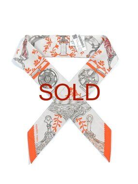 **SOLD** Hermès—Orange & Gray Etriers Remix Twilly Scarf